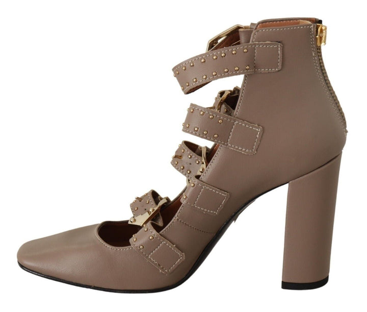 Women’s my Twin Brown Leather Block Heels Multi Buckle Pumps Shoes