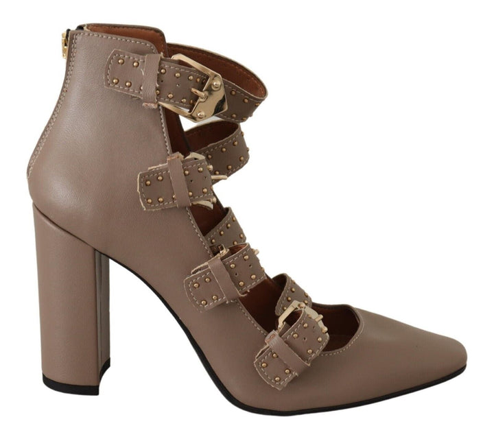 Women’s my Twin Brown Leather Block Heels Multi Buckle Pumps Shoes