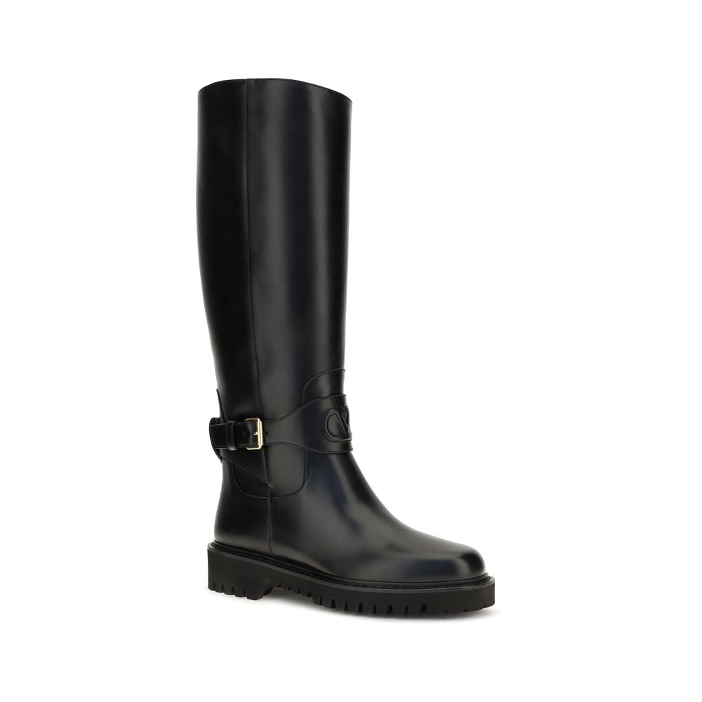 Women’s Valentino Garavani Black Calf Leather Bos Taurus Flat Boots