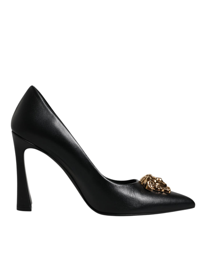 Women’s Versace Black Leather Logo Plaque High Heels Pumps Shoes