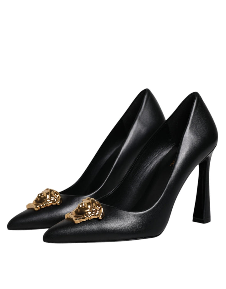 Women’s Versace Black Leather Logo Plaque High Heels Pumps Shoes
