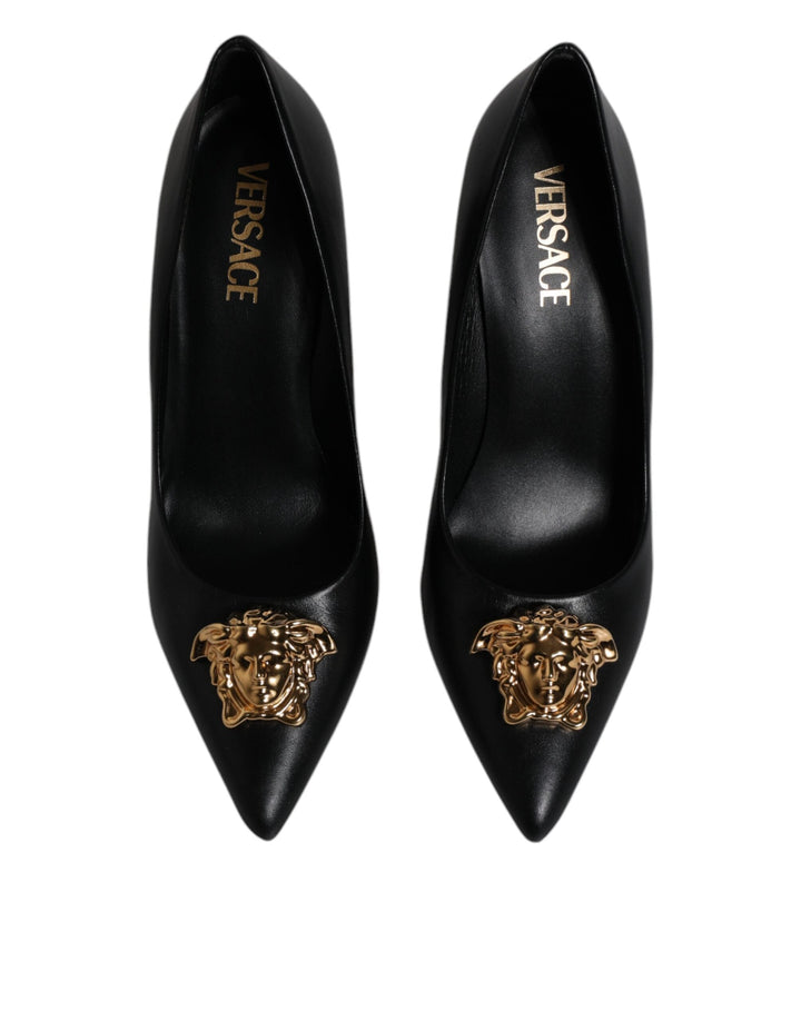 Women’s Versace Black Leather Logo Plaque High Heels Pumps Shoes