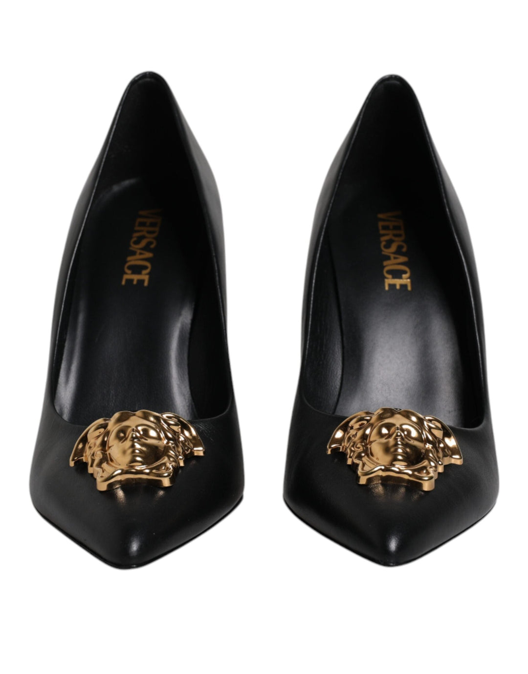 Women’s Versace Black Leather Logo Plaque High Heels Pumps Shoes