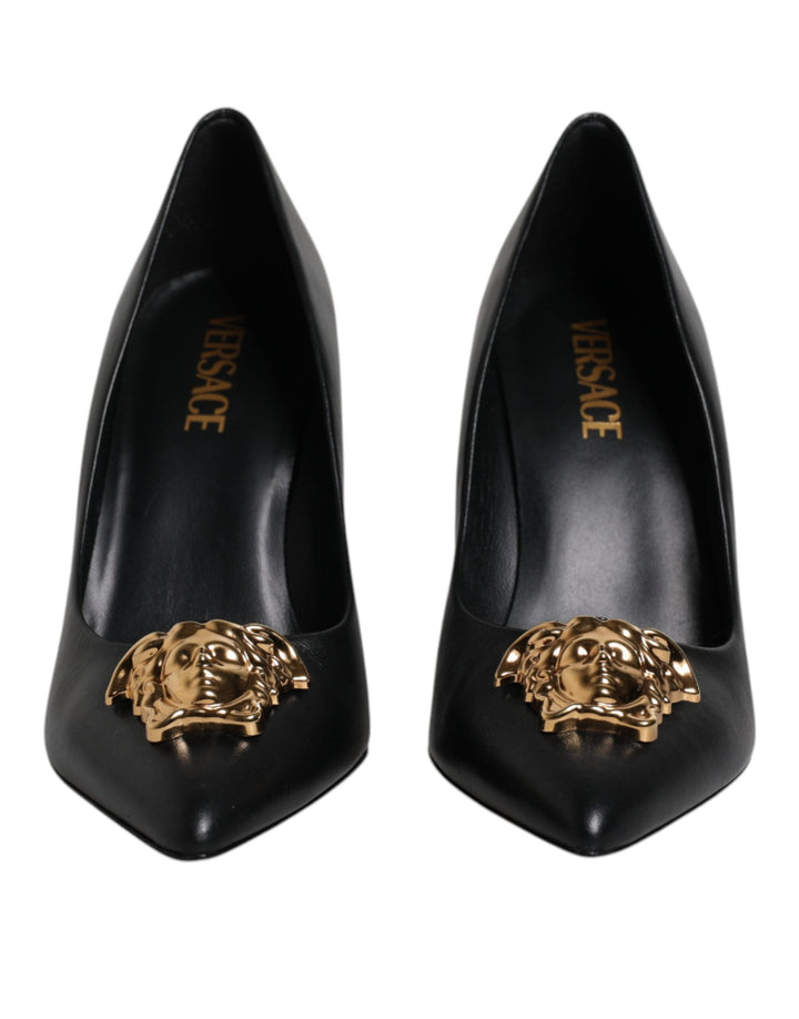 Women’s Versace Black Leather Logo Plaque High Heels Pumps Shoes