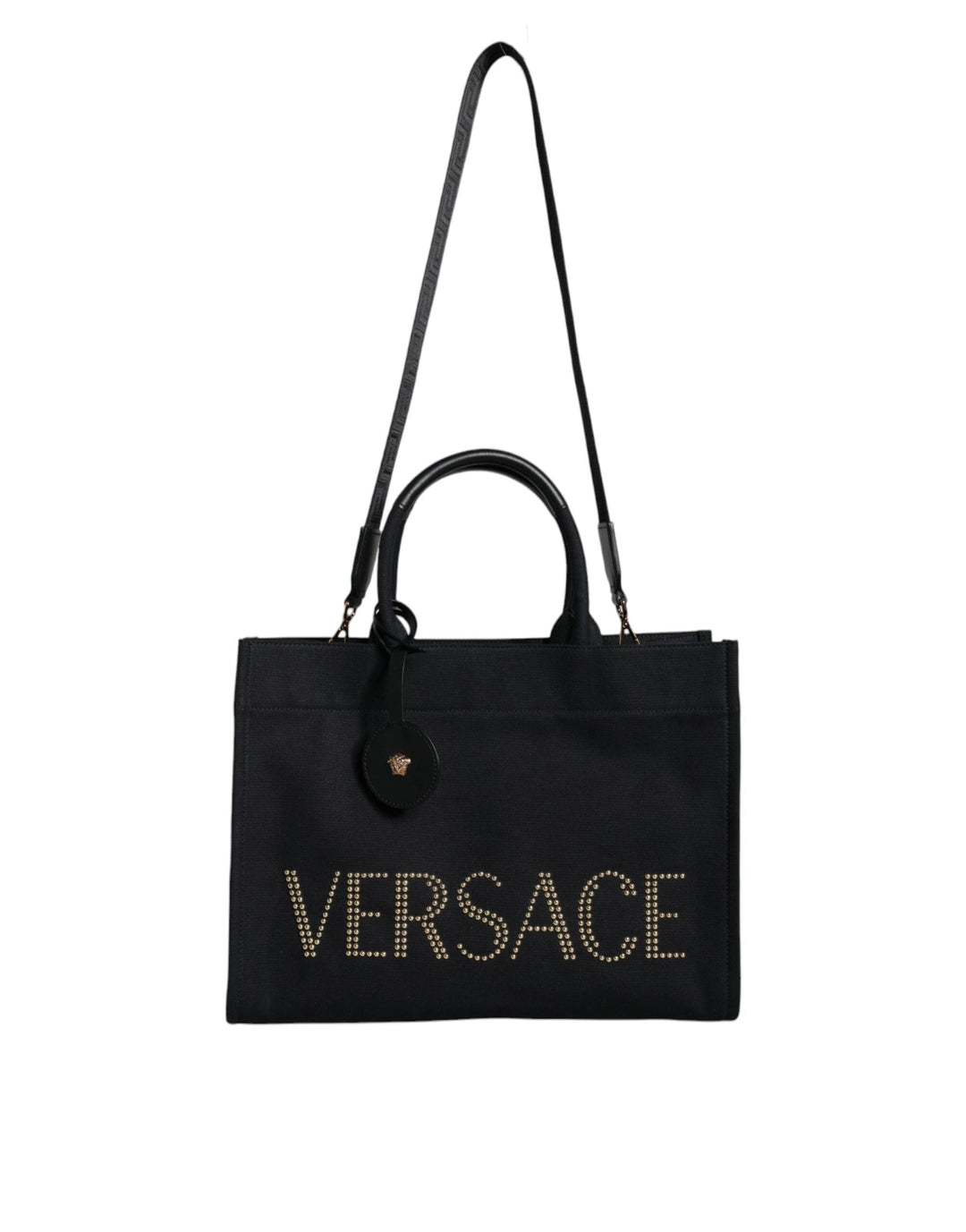 Women’s Versace Black Top Handle Canvas Leather Logo Crossbody Tote Bag