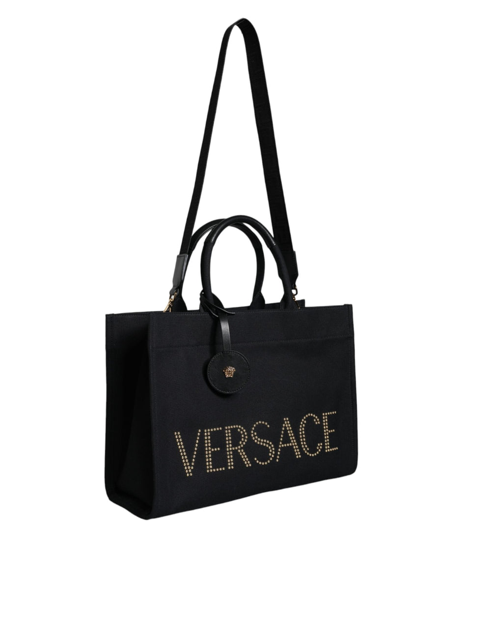 Women’s Versace Black Top Handle Canvas Leather Logo Crossbody Tote Bag