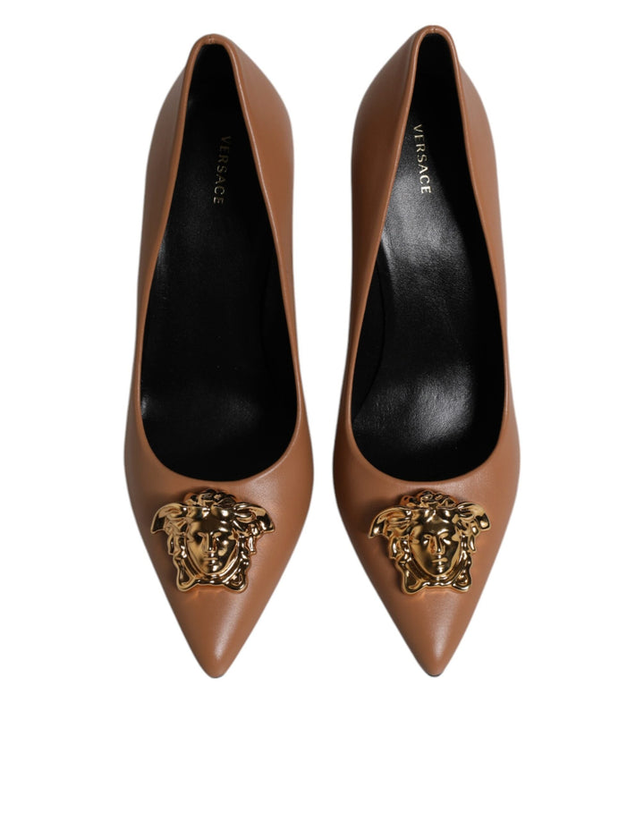 Women’s Versace Brown Leather Logo Plaque High Heels Pumps Shoes
