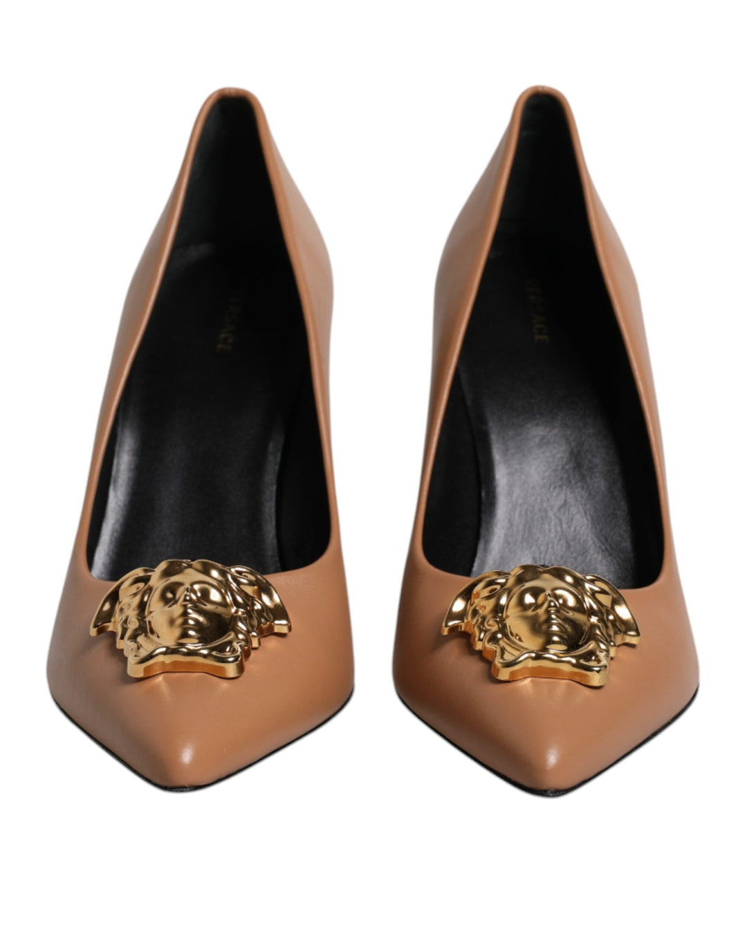 Women’s Versace Brown Leather Logo Plaque High Heels Pumps Shoes