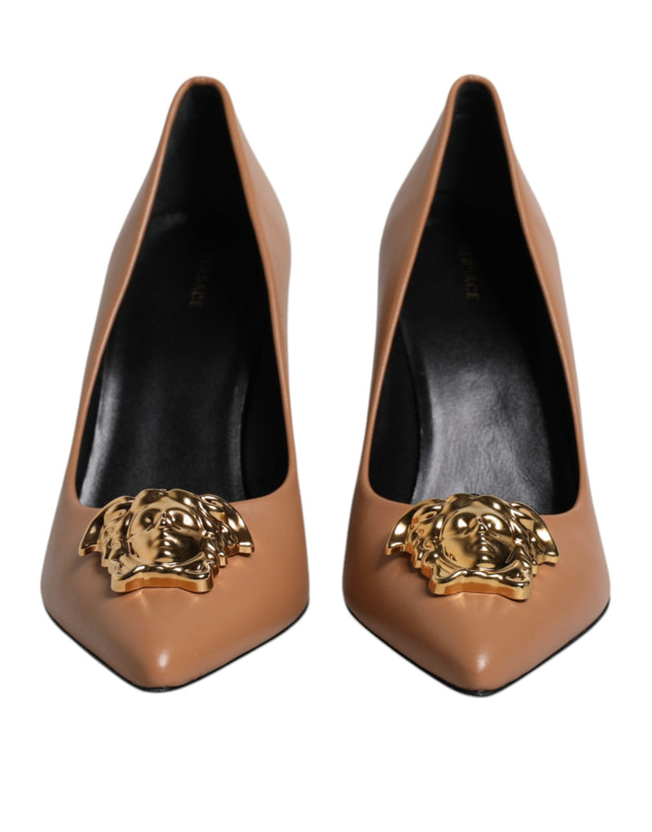 Women’s Versace Brown Leather Logo Plaque High Heels Pumps Shoes