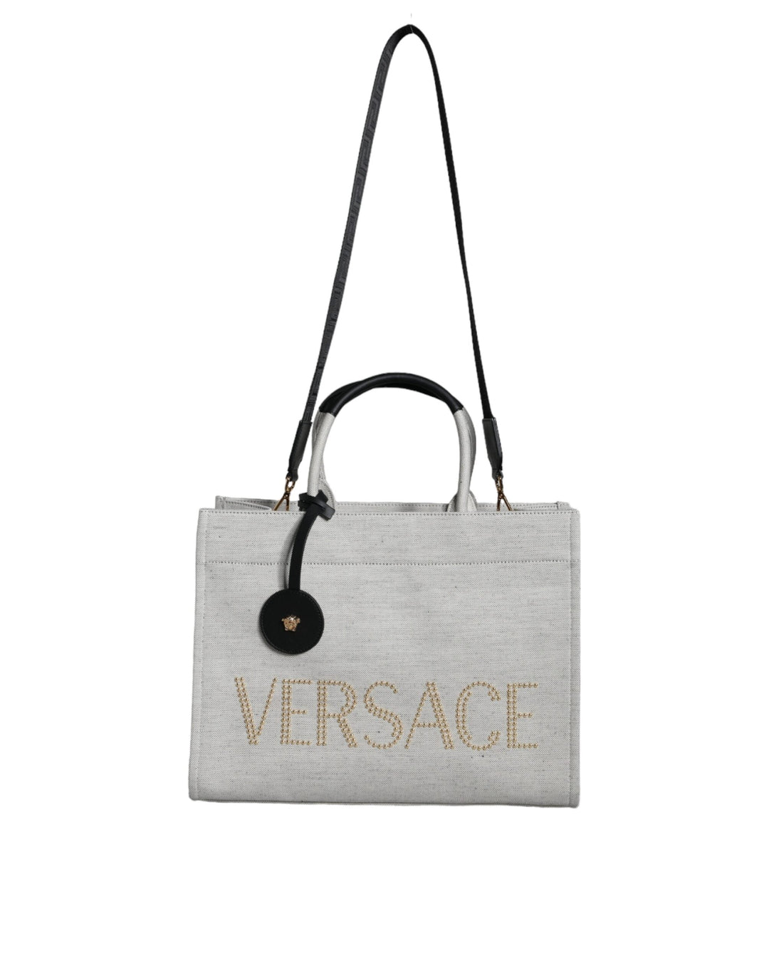 Women’s Versace White Top Handle Canvas Leather Logo Crossbody Tote Bag