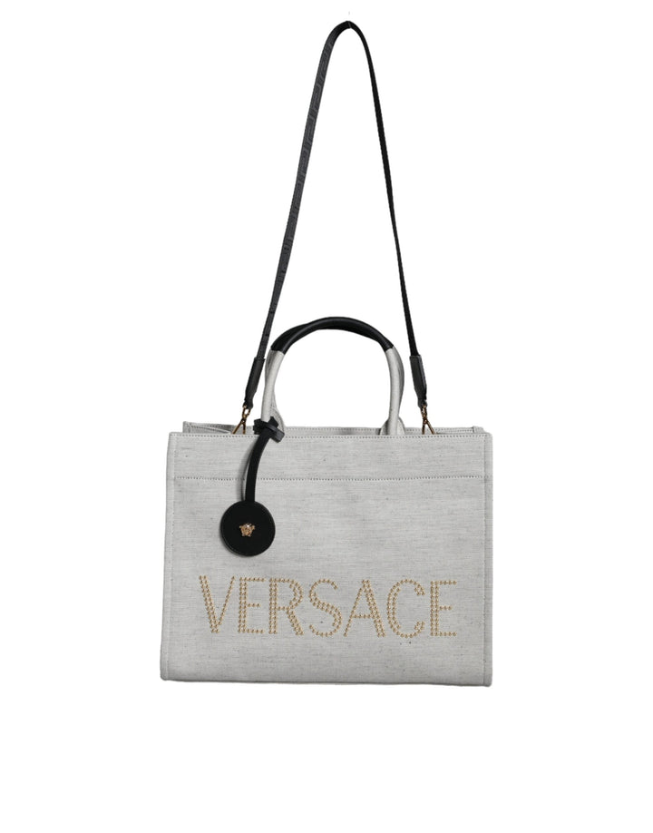 Women’s Versace White Top Handle Canvas Leather Logo Crossbody Tote Bag