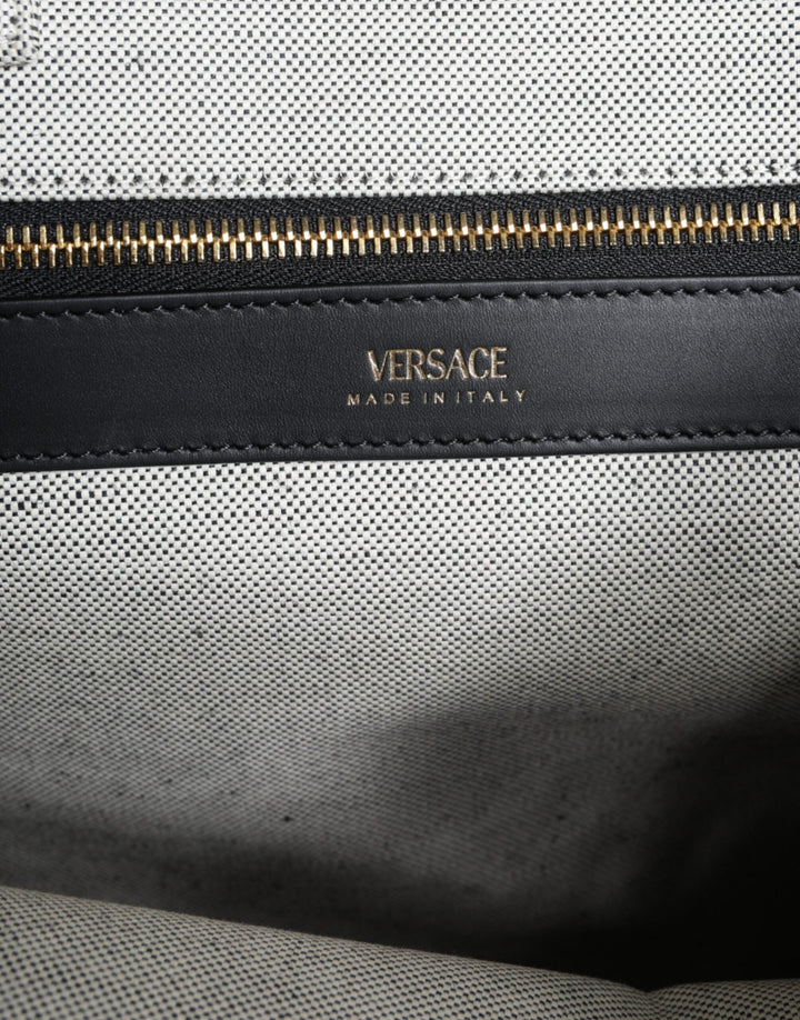 Women’s Versace White Top Handle Canvas Leather Logo Crossbody Tote Bag
