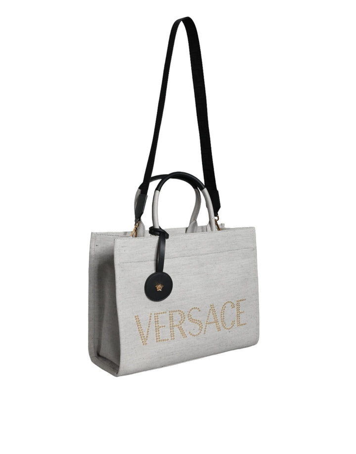 Women’s Versace White Top Handle Canvas Leather Logo Crossbody Tote Bag