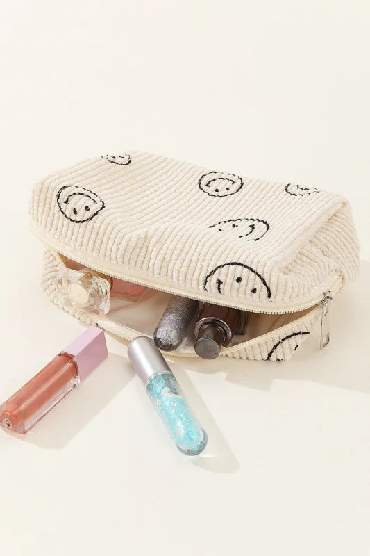 Women’s Whimsical Smiley Face Corduroy Cosmetic Pouch in Soft