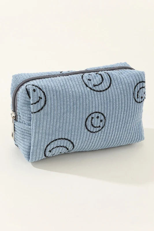 Women’s Whimsical Smiley Face Corduroy Cosmetic Pouch in Soft