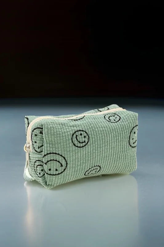 Women’s Whimsical Smiley Face Corduroy Cosmetic Pouch in Soft