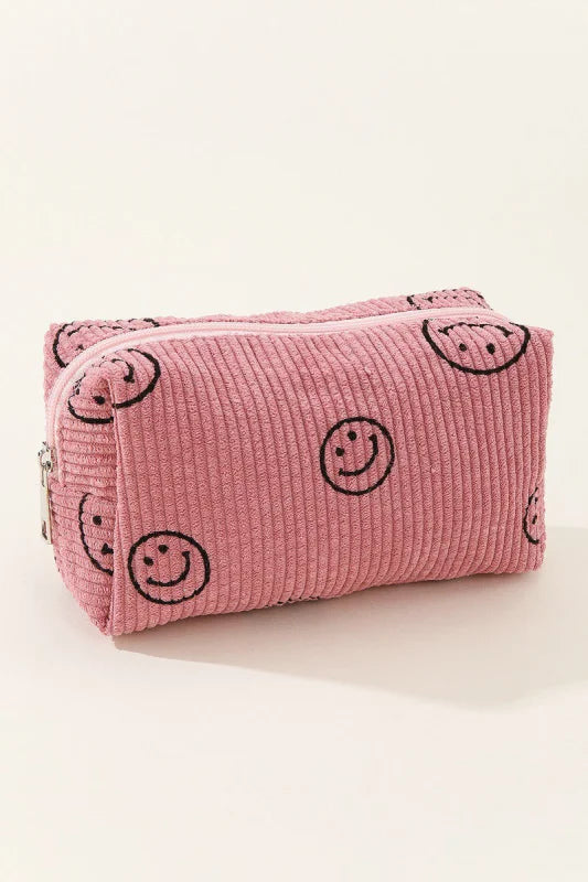 Women’s Whimsical Smiley Face Corduroy Cosmetic Pouch in Soft