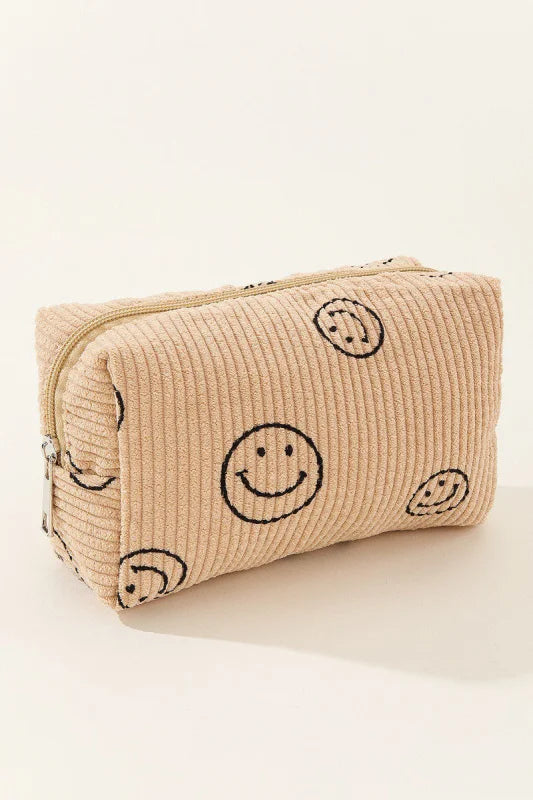 Women’s Whimsical Smiley Face Corduroy Cosmetic Pouch in Soft