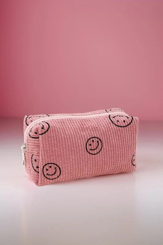 Women’s Whimsical Smiley Face Corduroy Cosmetic Pouch in Soft
