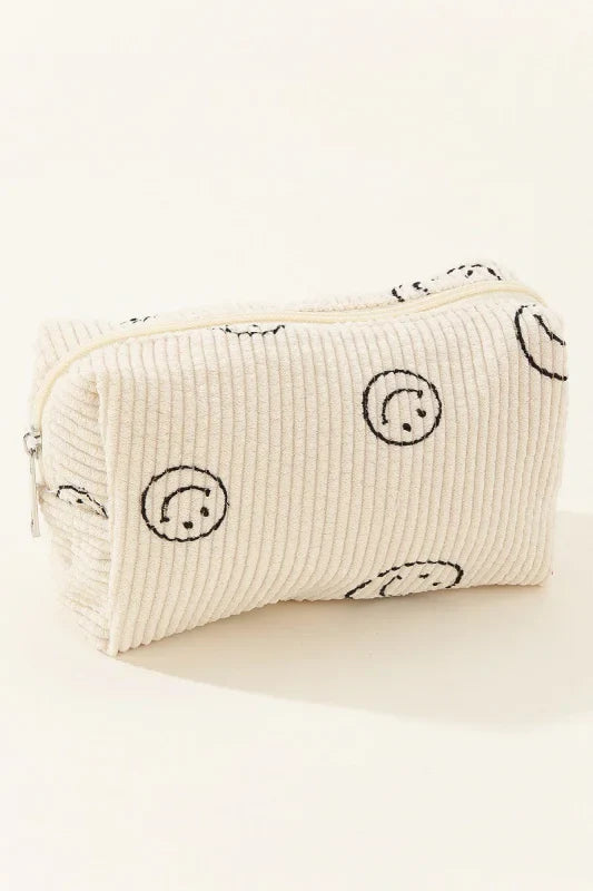 Women’s Whimsical Smiley Face Corduroy Cosmetic Pouch in Soft