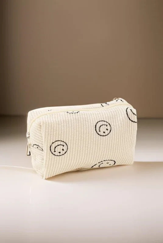 Women’s Whimsical Smiley Face Corduroy Cosmetic Pouch in Soft