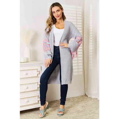 Fringe Sleeve Dropped Shoulder Cardigan for a Trendy Cozy Look Clothing Tops Trendsi