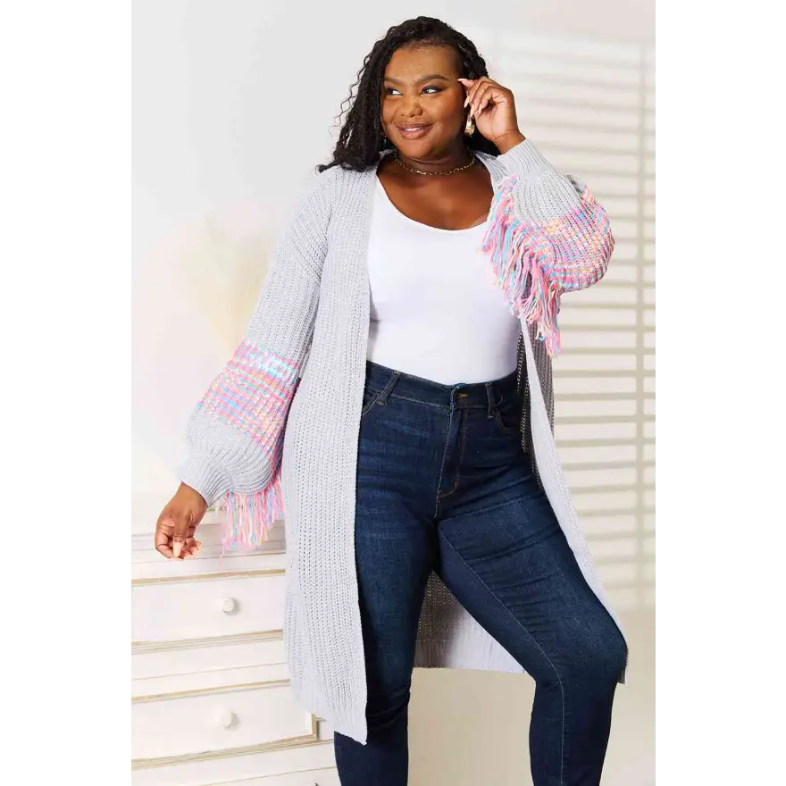 Trendy Fringe Sleeve Dropped Shoulder Cardigan Clothing Tops Trendsi