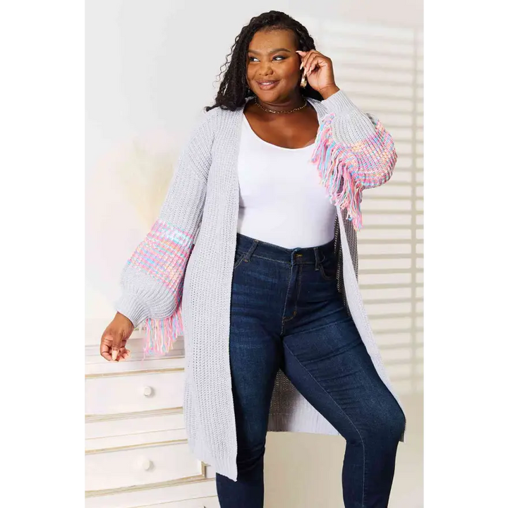 Trendy Fringe Sleeve Dropped Shoulder Cardigan Clothing Tops Trendsi