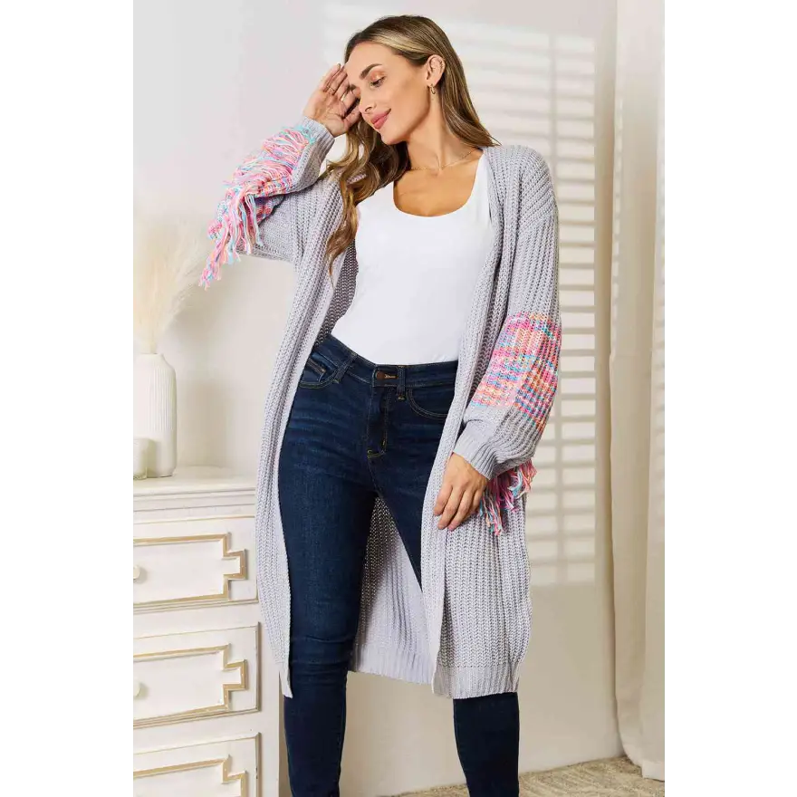 Trendy Fringe Sleeve Dropped Shoulder Cardigan Clothing Tops Trendsi