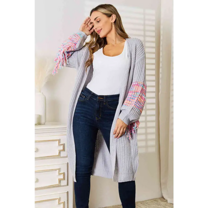 Fringe Sleeve Dropped Shoulder Cardigan for a Trendy Cozy Look Clothing Tops Trendsi