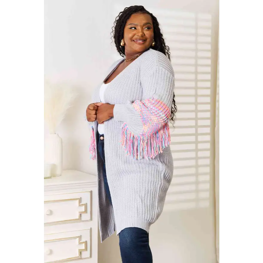 Trendy Fringe Sleeve Dropped Shoulder Cardigan Clothing Tops Trendsi