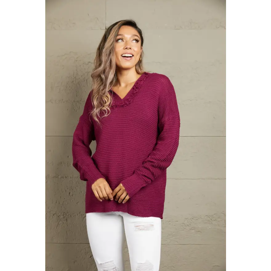 Cozy Fringe Trim Hooded Sweater Flaunts Horizontal Ribbing Clothing Tops Trendsi