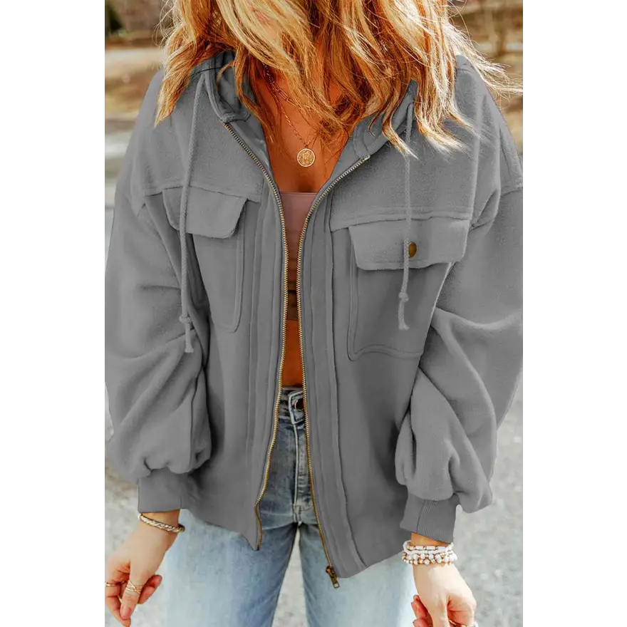 Elevate Your Wardrobe Game with Zip Up Drawstring Hooded Jacket Clothing Tops Trendsi