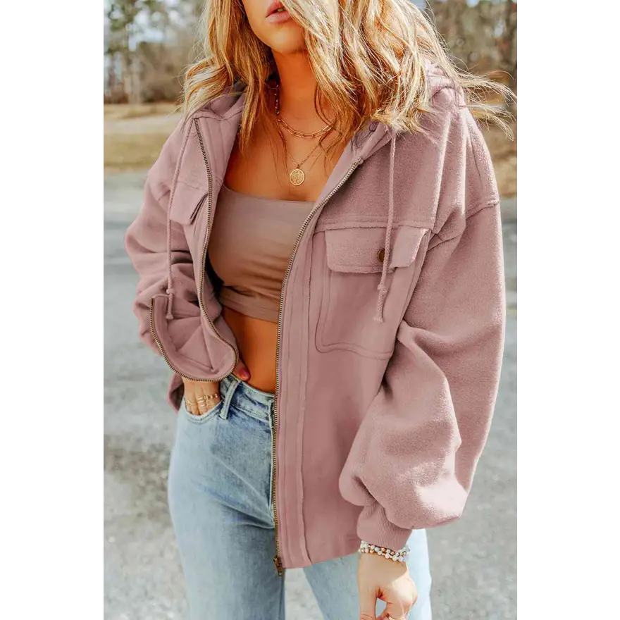 Elevate Your Wardrobe Game with Zip Up Drawstring Hooded Jacket Clothing Tops Trendsi