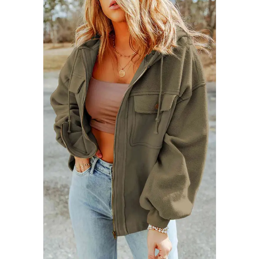 Elevate Your Wardrobe Game with Zip Up Drawstring Hooded Jacket Clothing Tops Trendsi