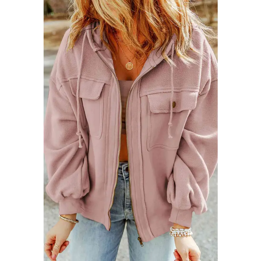 Elevate Your Wardrobe Game with Zip Up Drawstring Hooded Jacket Clothing Tops Trendsi