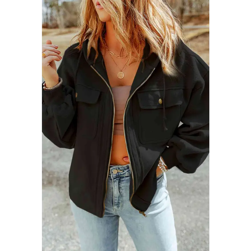 Elevate Your Wardrobe Game with Zip Up Drawstring Hooded Jacket Clothing Tops Trendsi