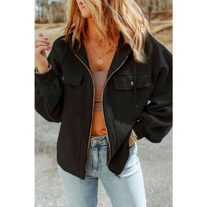 Elevate Your Wardrobe Game with Zip Up Drawstring Hooded Jacket Clothing Tops Trendsi