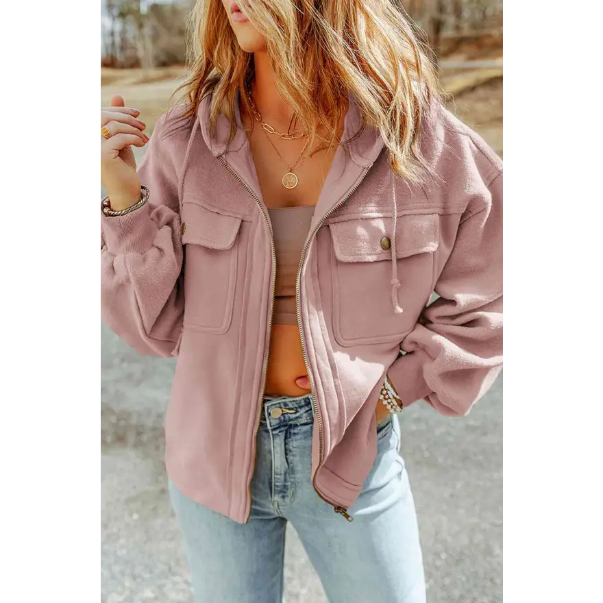 Elevate Your Wardrobe Game with Zip Up Drawstring Hooded Jacket Clothing Tops Trendsi