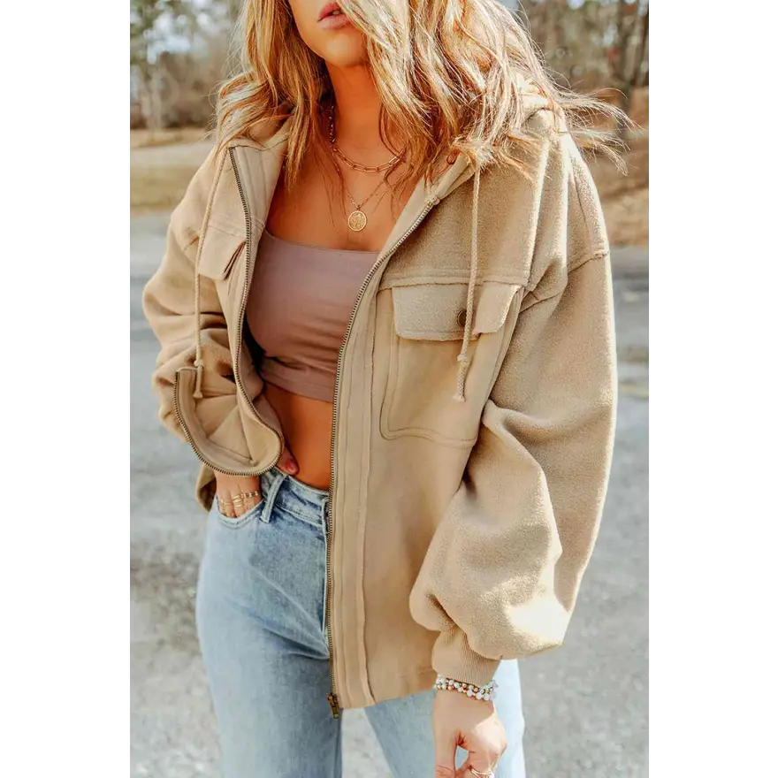 Elevate Your Wardrobe Game with Zip Up Drawstring Hooded Jacket Clothing Tops Trendsi