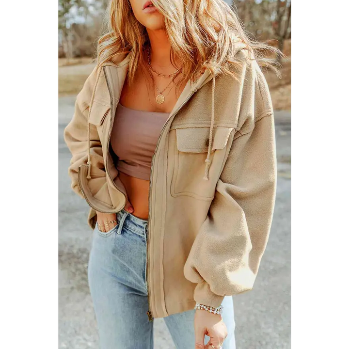 Elevate Your Wardrobe Game with Zip Up Drawstring Hooded Jacket Clothing Tops Trendsi