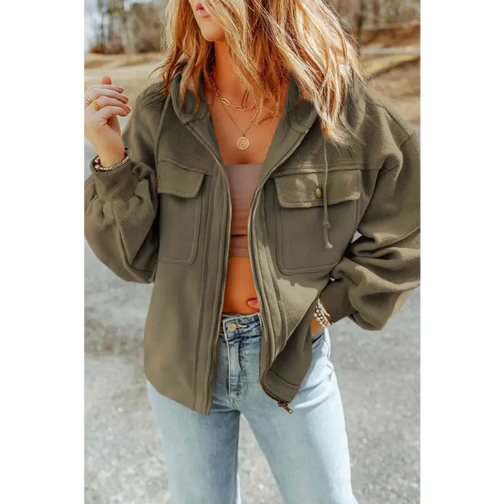 Elevate Your Wardrobe Game with Zip Up Drawstring Hooded Jacket Clothing Tops Trendsi