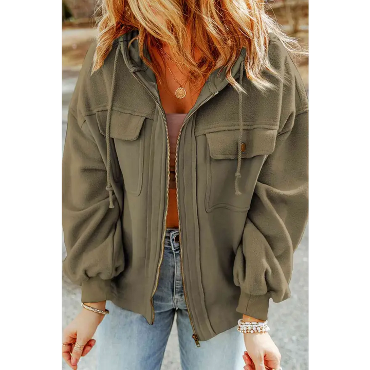 Elevate Your Wardrobe Game with Zip Up Drawstring Hooded Jacket Clothing Tops Trendsi