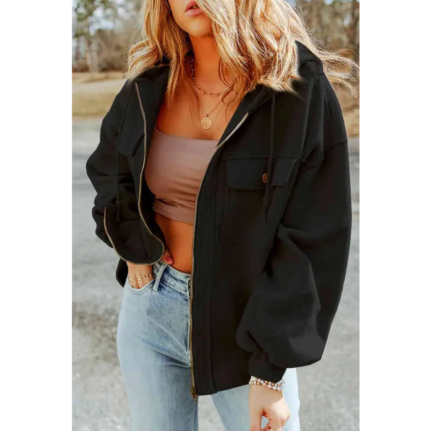 Elevate Your Wardrobe Game with Zip Up Drawstring Hooded Jacket Clothing Tops Trendsi