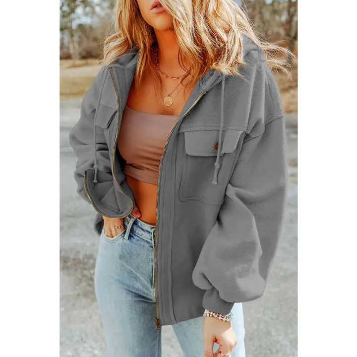 Elevate Your Wardrobe Game with Zip Up Drawstring Hooded Jacket Clothing Tops Trendsi