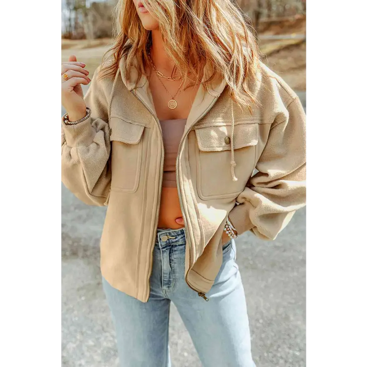 Elevate Your Wardrobe Game with Zip Up Drawstring Hooded Jacket Clothing Tops Trendsi