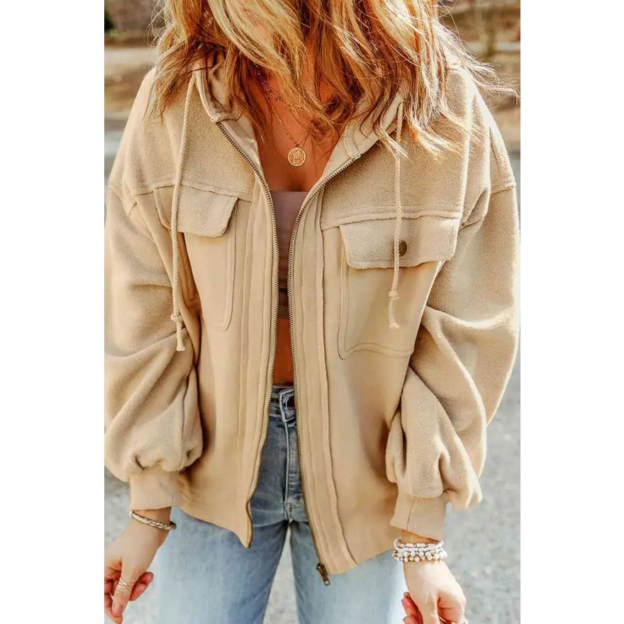 Elevate Your Wardrobe Game with Zip Up Drawstring Hooded Jacket Clothing Tops Trendsi